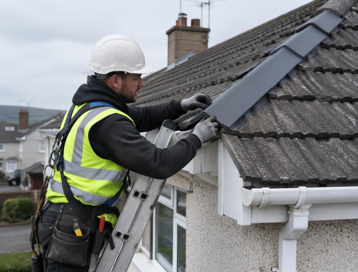 Roofer fitting a grey dry verge unit to the tiled roof edge of a house