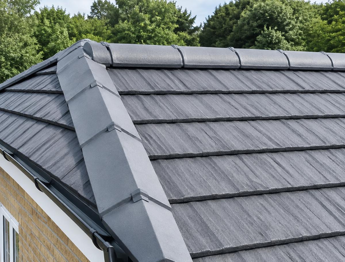 Close-up of new grey dry verge caps and ridge tiles on a bungalow roof